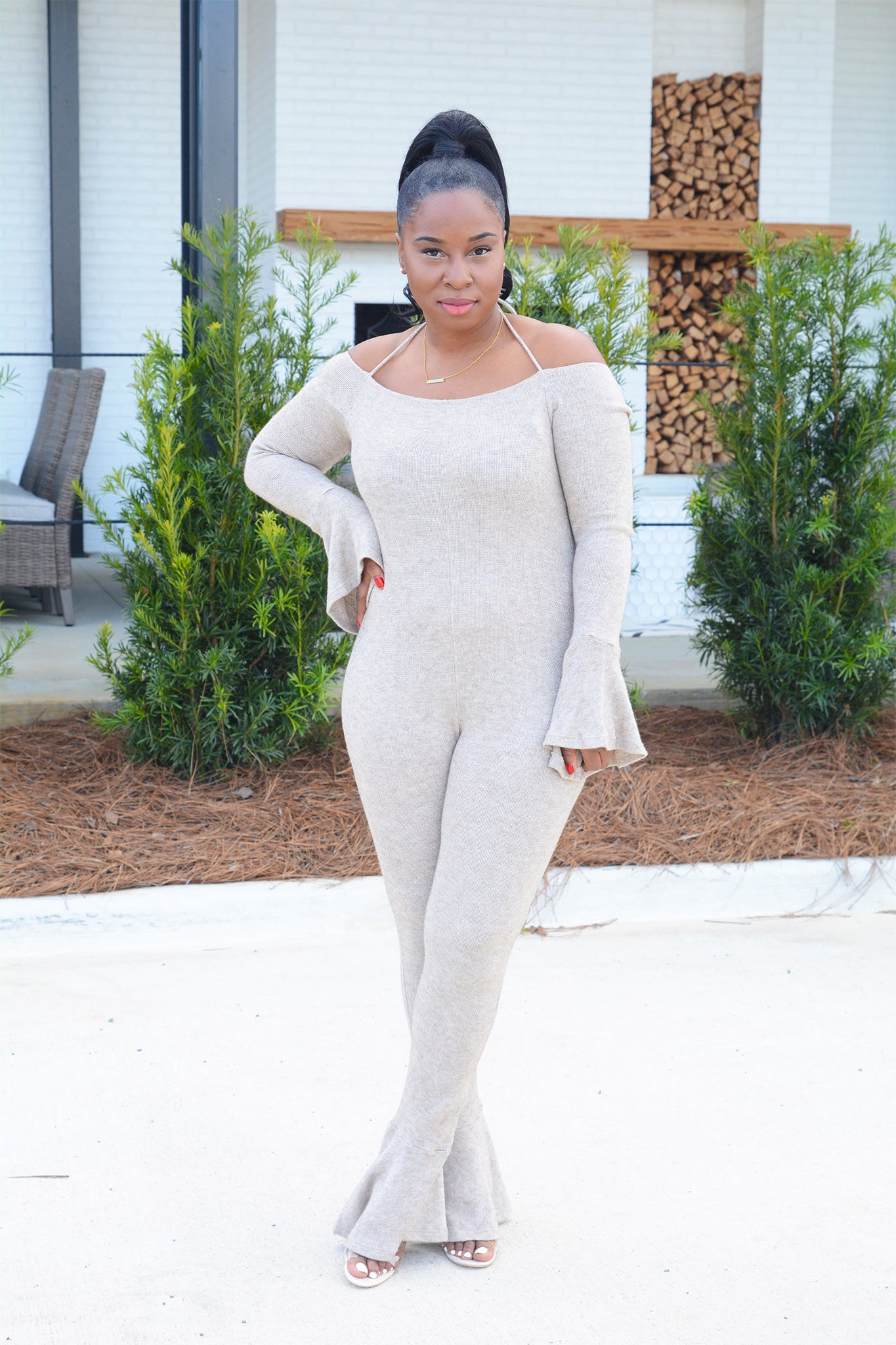 HAZEL OFF SHOULDER LONG SLEEVE JUMPSUIT (OATMEAL)