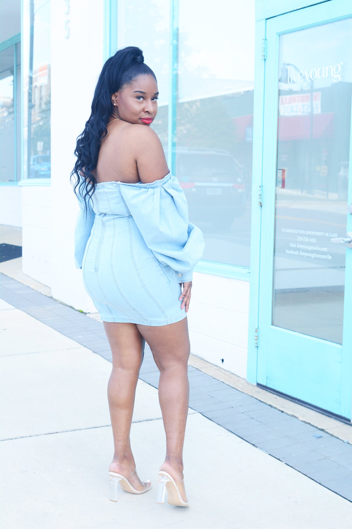 GINA PUFF SLEEVE MINI DRESS (DENIM)